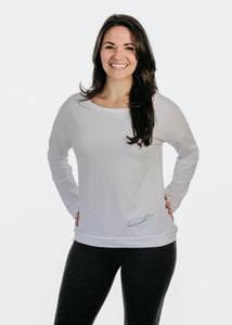Ladies T-Shirt: Terry Long Sleeve Scoop - White - Love The Island